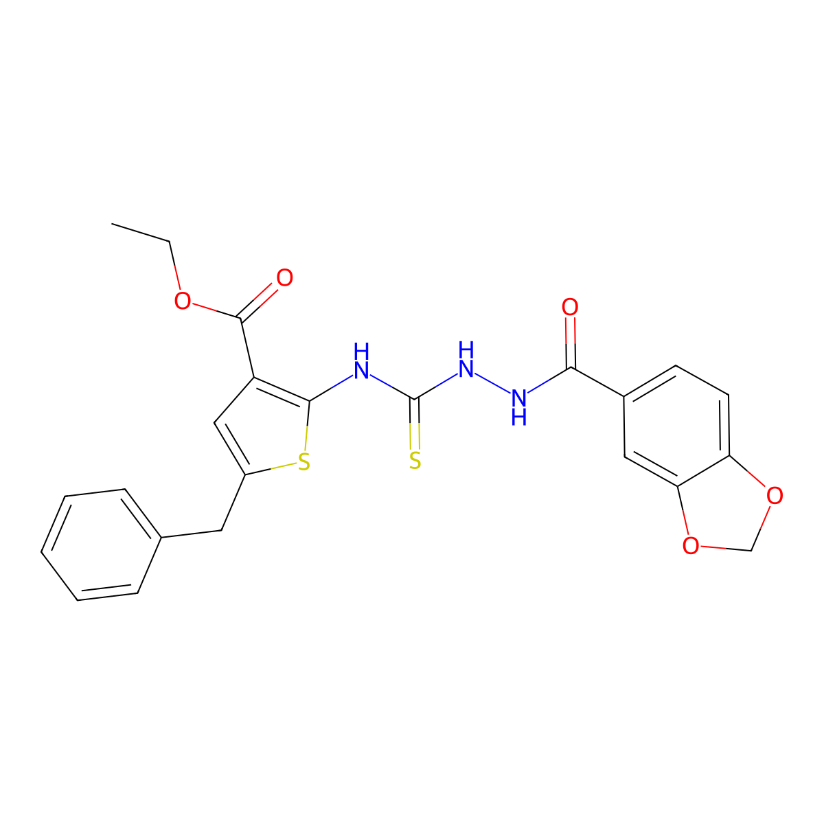 Ethyl 2-({[2-(1,3-benzodioxol-5-ylcarbonyl)hydrazinyl]carbonothioyl}amino)-5-benzylthiophene-3-carboxylate molecular structure, CAS 588696-66-6