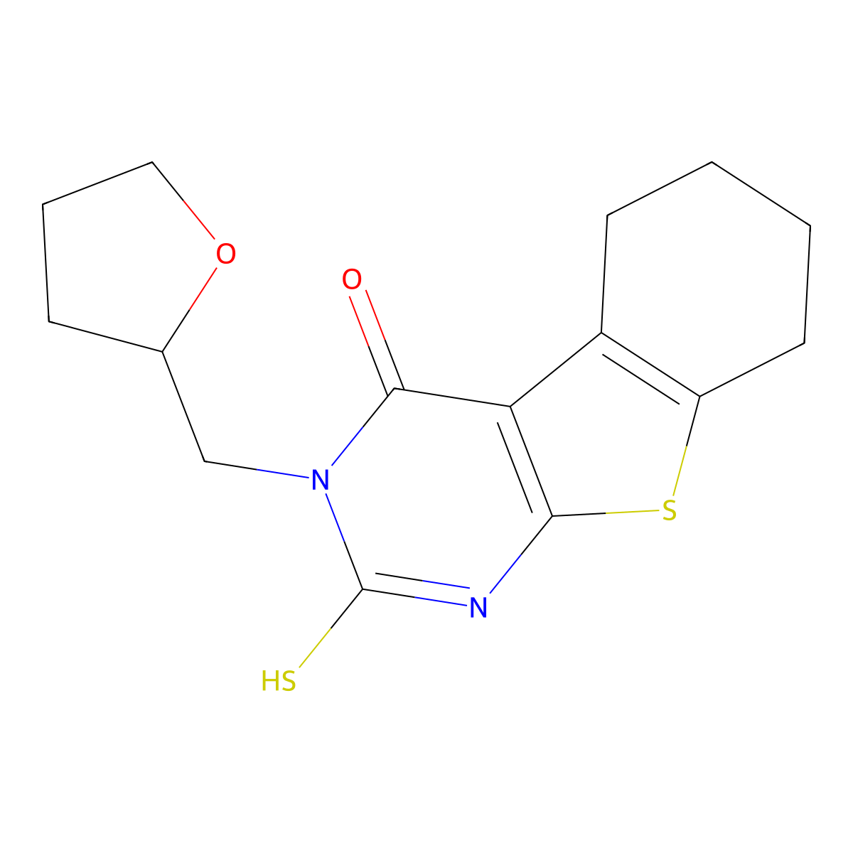 2-sulfanyl-3-(tetrahydrofuran-2-ylmethyl)-5,6,7,8-tetrahydro[1]benzothieno[2,3-d]pyrimidin-4(3H)-one molecular structure, CAS 588696-92-8