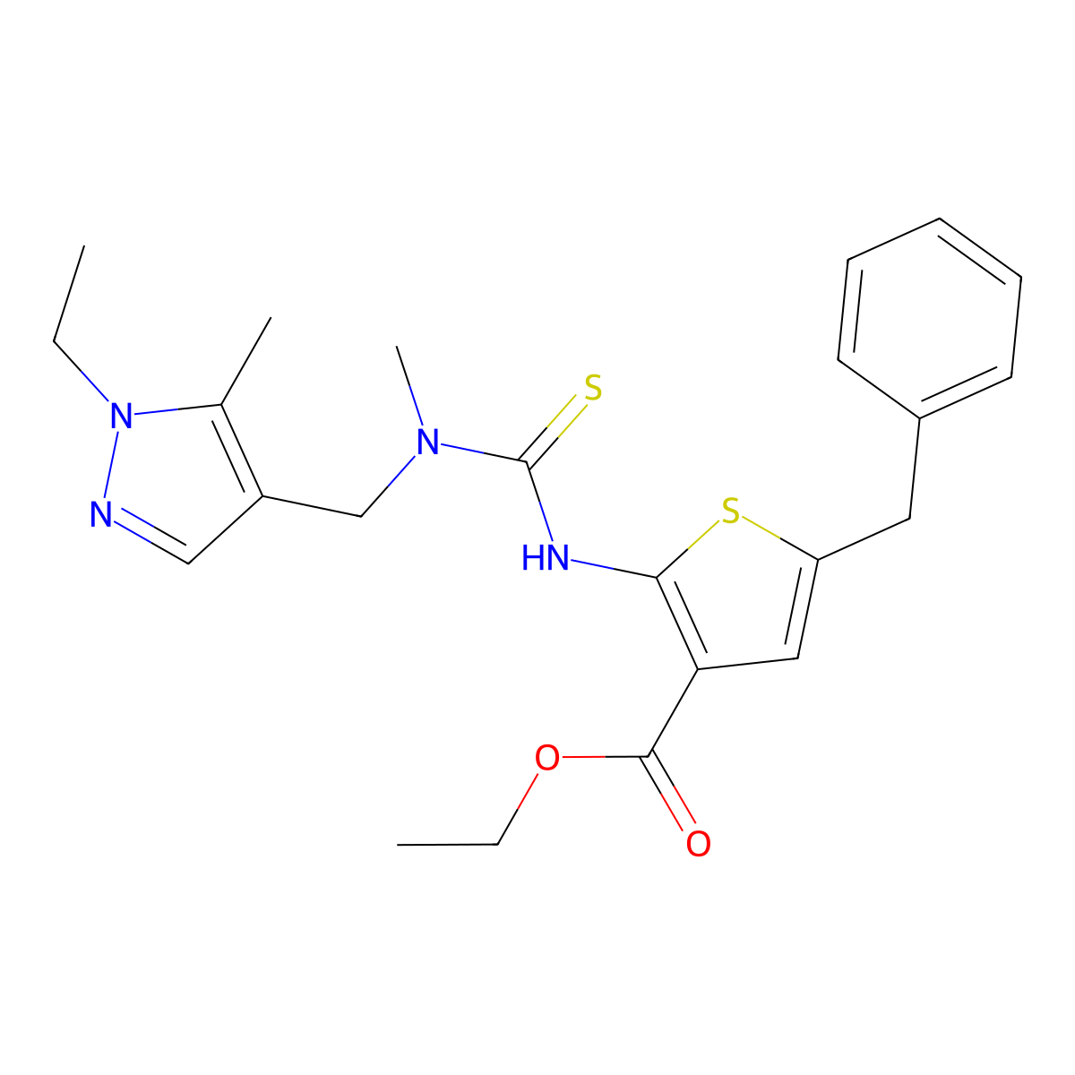 ethyl 5-benzyl-2-({[(1-ethyl-5-methyl-1H-pyrazol-4-yl)methyl](methyl)carbamothioyl}amino)thiophene-3-carboxylate molecular structure, CAS 588697-86-3