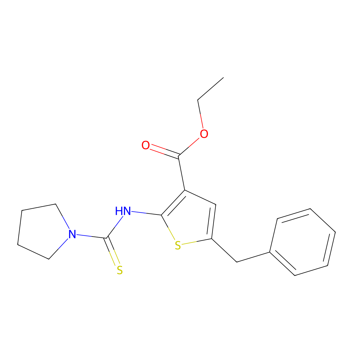 Ethyl 5-benzyl-2-[(pyrrolidinylthioxomethyl)amino]thiophene-3-carboxylate molecular structure, CAS 588697-89-6