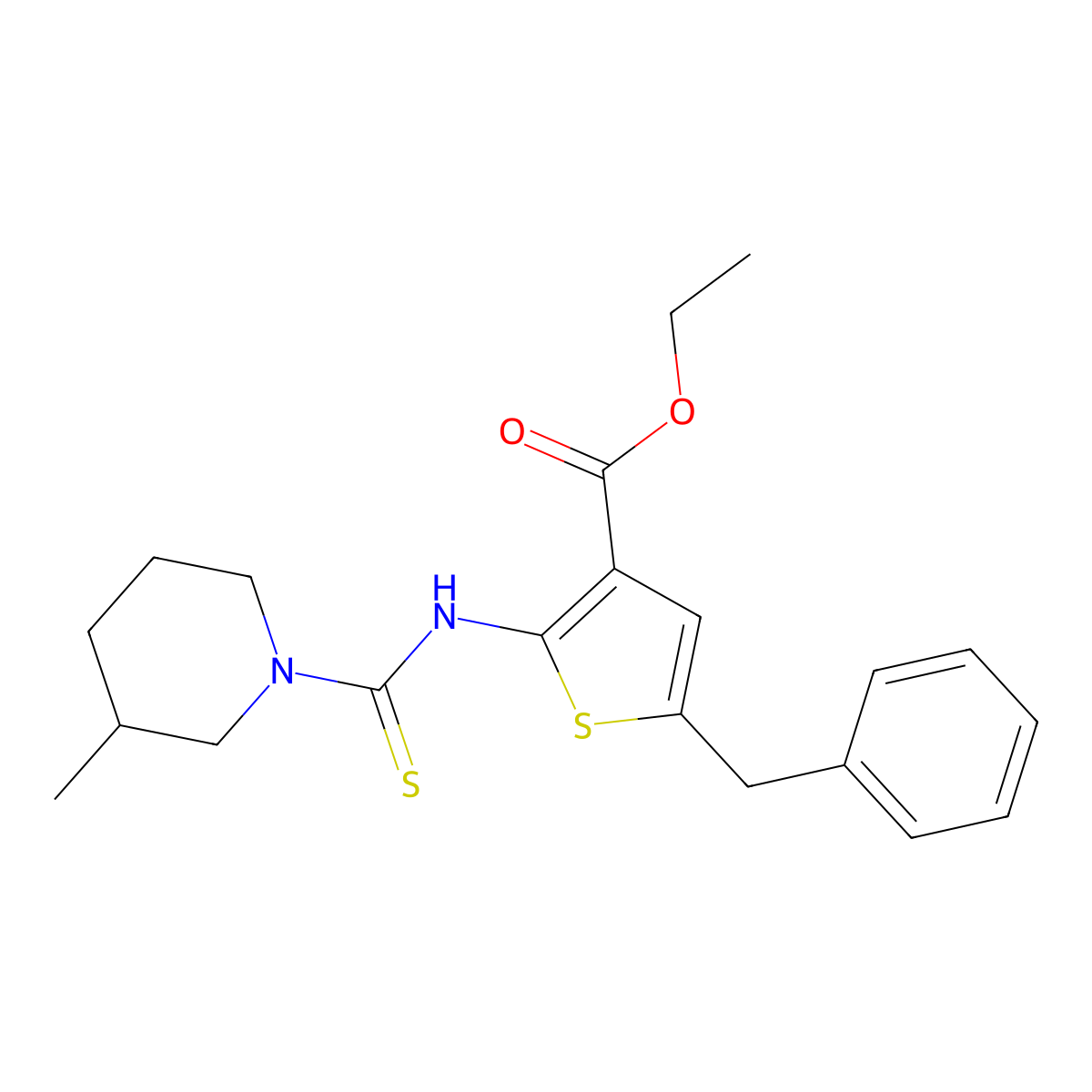 Ethyl 5-benzyl-2-{[(3-methylpiperidin-1-yl)carbonothioyl]amino}thiophene-3-carboxylate molecular structure, CAS 588697-97-6