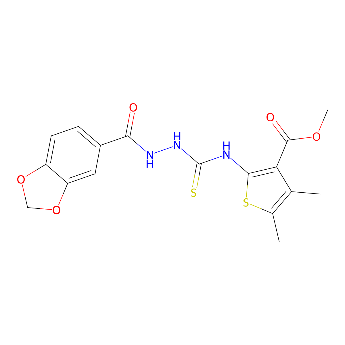 Methyl 2-({[2-(1,3-benzodioxol-5-ylcarbonyl)hydrazinyl]carbonothioyl}amino)-4,5-dimethylthiophene-3-carboxylate molecular structure, CAS 588710-63-8