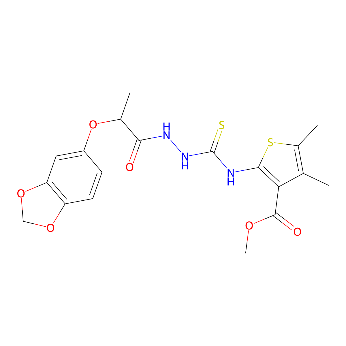 Methyl 2-[({2-[2-(1,3-benzodioxol-5-yloxy)propanoyl]hydrazinyl}carbonothioyl)amino]-4,5-dimethylthiophene-3-carboxylate molecular structure, CAS 588710-65-0