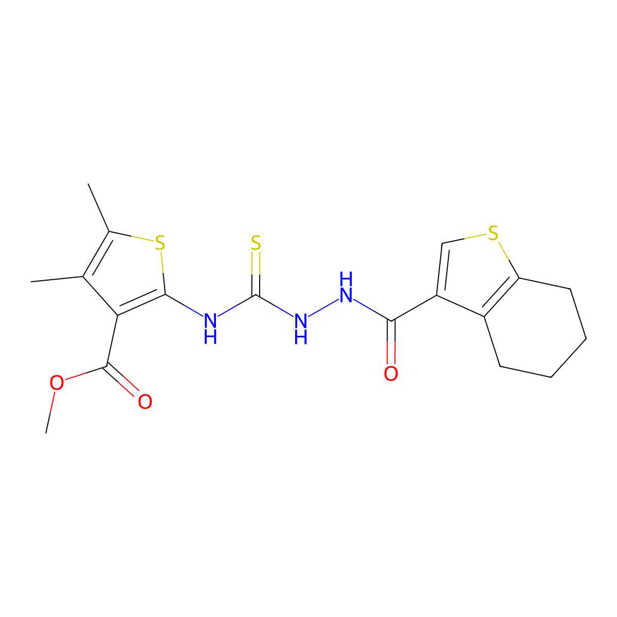 Methyl 4,5-dimethyl-2-({[(4,5,6,7-tetrahydrobenzo[b]thiophen-3-ylcarbonylamino)amino]thioxomethyl}amino)thiophene-3-carboxylate molecular structure, CAS 588710-82-1