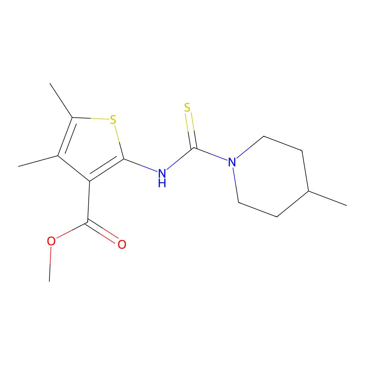 Methyl 4,5-dimethyl-2-{[(4-methylpiperidin-1-yl)carbonothioyl]amino}thiophene-3-carboxylate molecular structure, CAS 588710-83-2