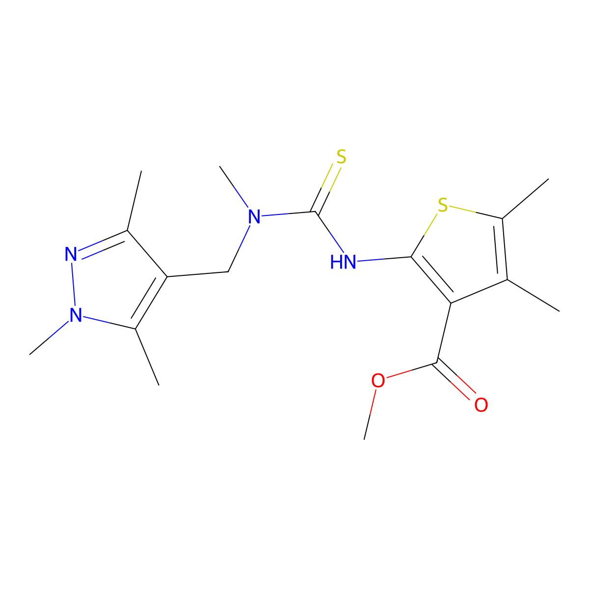 methyl 4,5-dimethyl-2-({methyl[(1,3,5-trimethyl-1H-pyrazol-4-yl)methyl]carbamothioyl}amino)thiophene-3-carboxylate molecular structure, CAS 588710-90-1