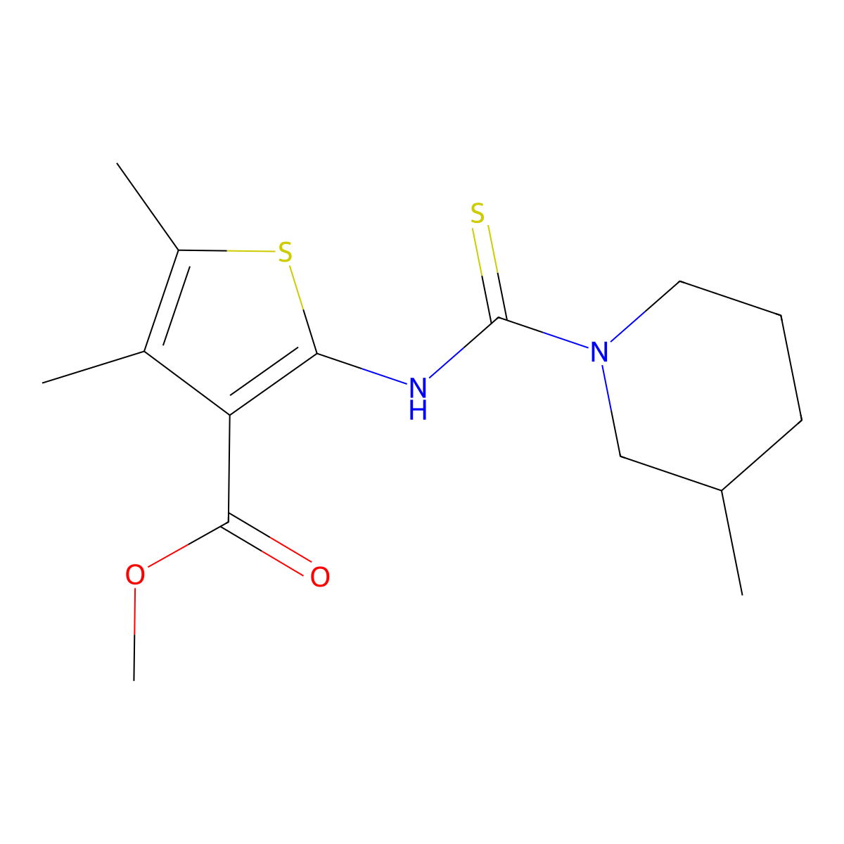 Methyl 4,5-dimethyl-2-{[(3-methylpiperidin-1-yl)carbonothioyl]amino}thiophene-3-carboxylate molecular structure, CAS 588710-94-5