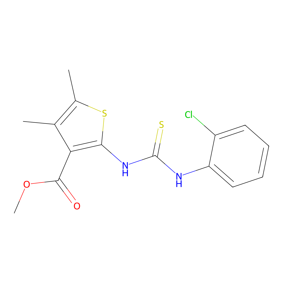 Methyl 2-{[(2-chlorophenyl)carbamothioyl]amino}-4,5-dimethylthiophene-3-carboxylate molecular structure, CAS 588711-02-8