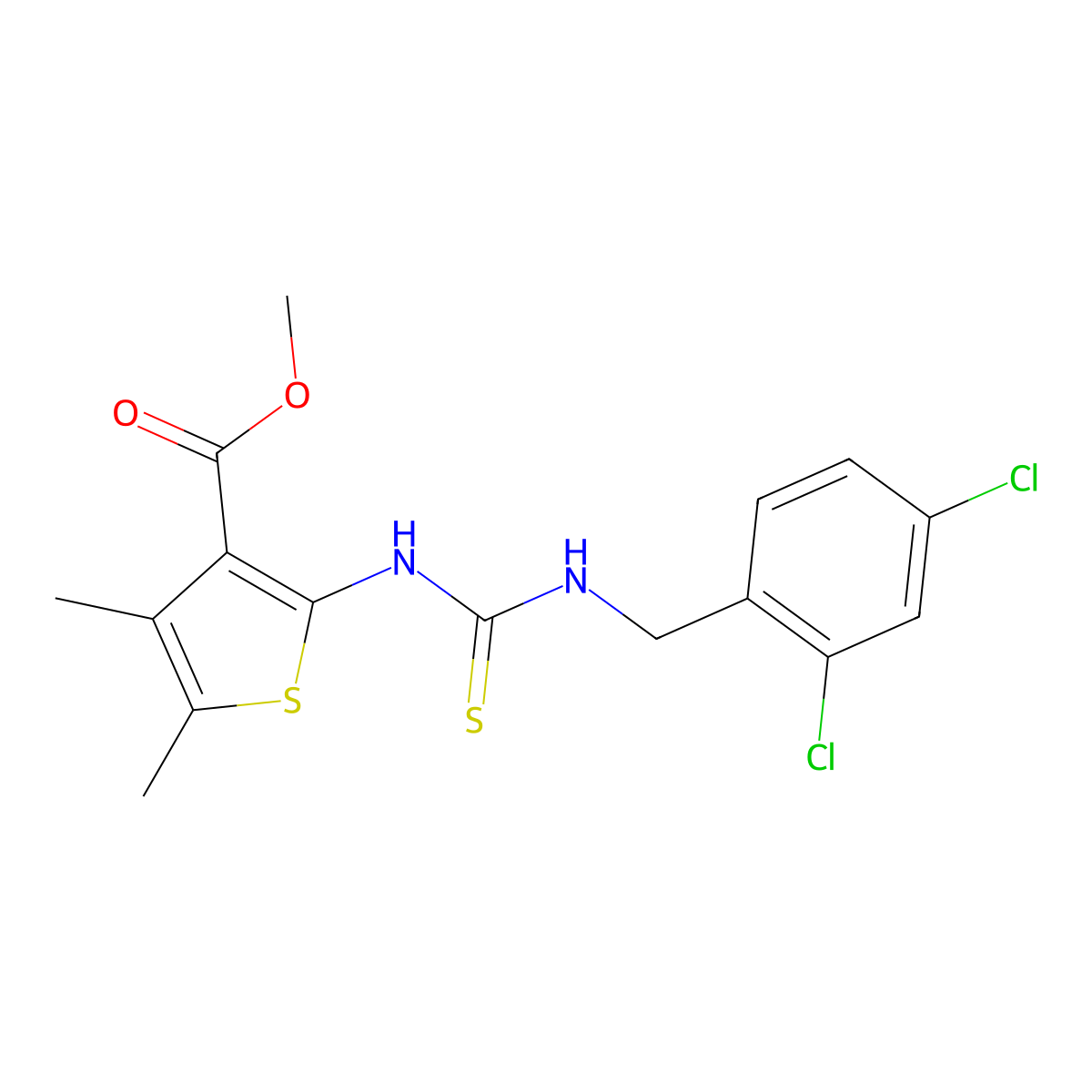 Methyl 2-{[(2,4-dichlorobenzyl)carbamothioyl]amino}-4,5-dimethylthiophene-3-carboxylate molecular structure, CAS 588711-66-4
