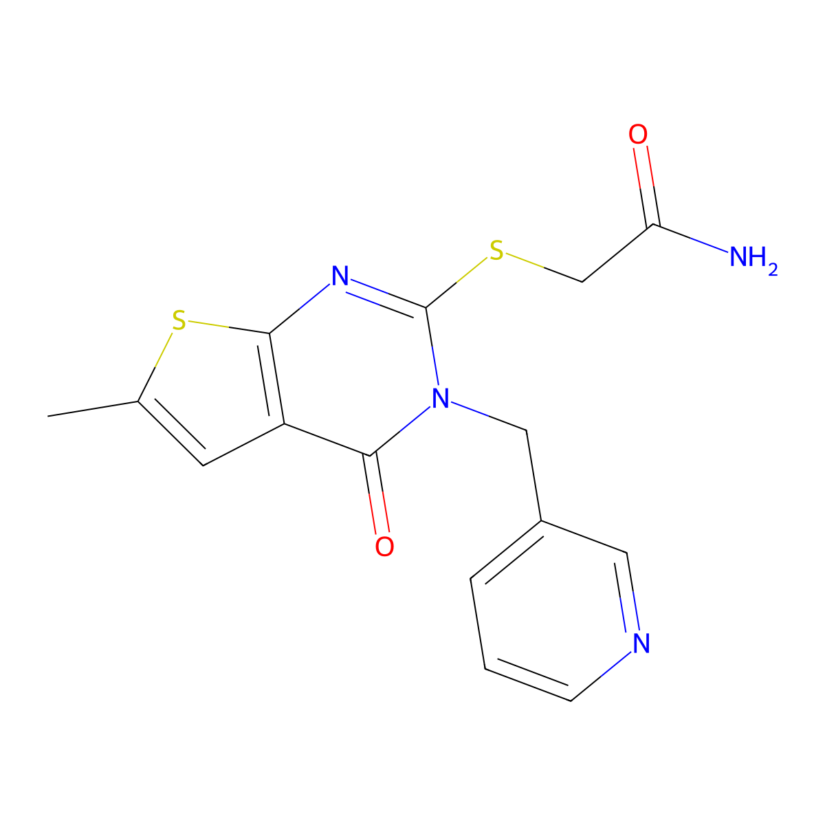 2-[6-Methyl-4-oxo-3-(pyridin-3-ylmethyl)thieno[2,3-d]pyrimidin-2-yl]sulfanylacetamide molecular structure, CAS 588711-82-4