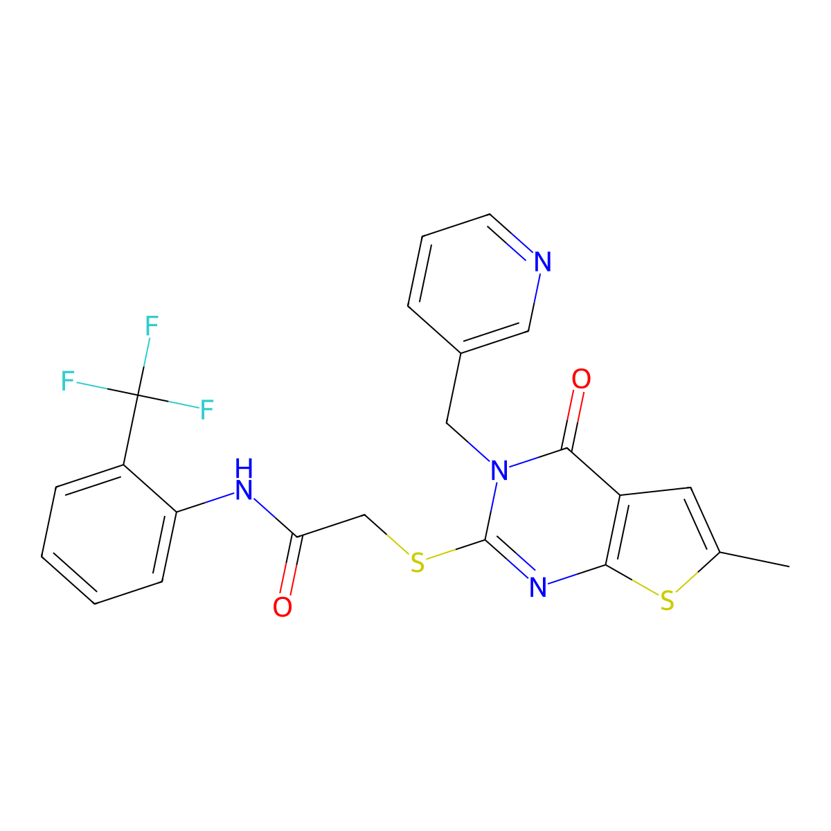 2-[6-methyl-4-oxo-3-(pyridin-3-ylmethyl)thieno[2,3-d]pyrimidin-2-yl]sulfanyl-N-[2-(trifluoromethyl)phenyl]acetamide molecular structure, CAS 588711-85-7
