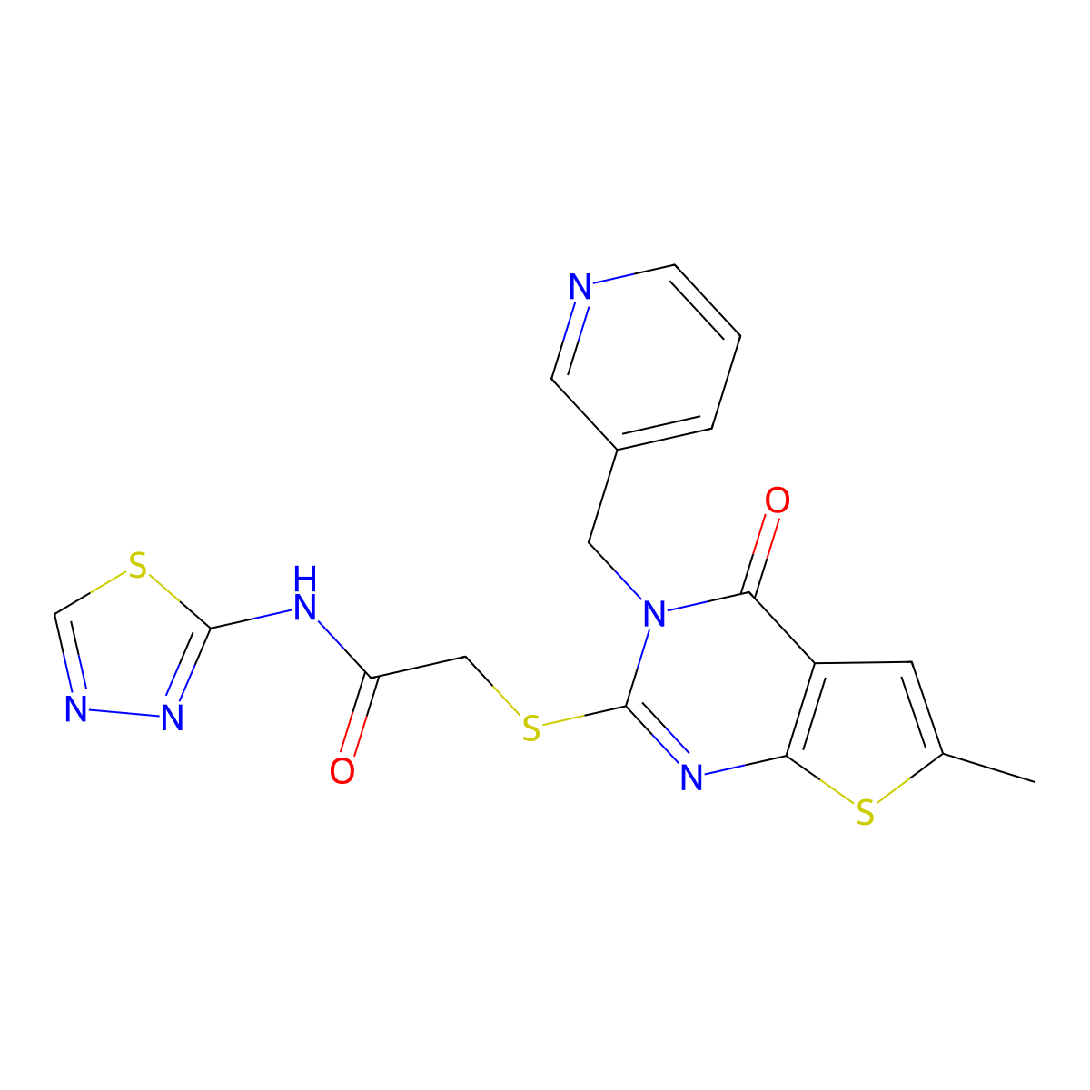 2-[6-methyl-4-oxo-3-(pyridin-3-ylmethyl)thieno[2,3-d]pyrimidin-2-yl]sulfanyl-N-(1,3,4-thiadiazol-2-yl)acetamide molecular structure, CAS 588711-87-9