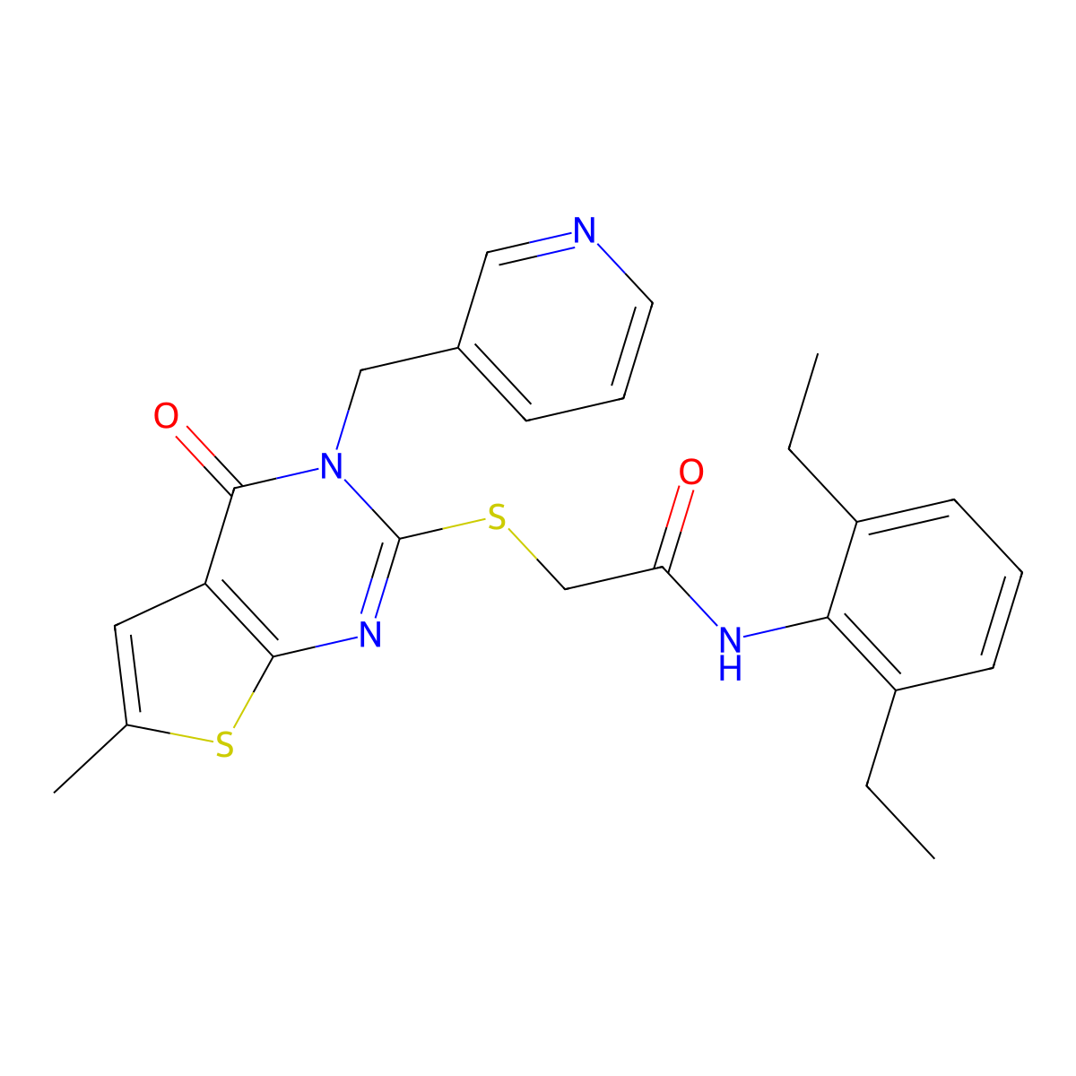 N-(2,6-diethylphenyl)-2-[6-methyl-4-oxo-3-(pyridin-3-ylmethyl)thieno[2,3-d]pyrimidin-2-yl]sulfanylacetamide molecular structure, CAS 588711-88-0