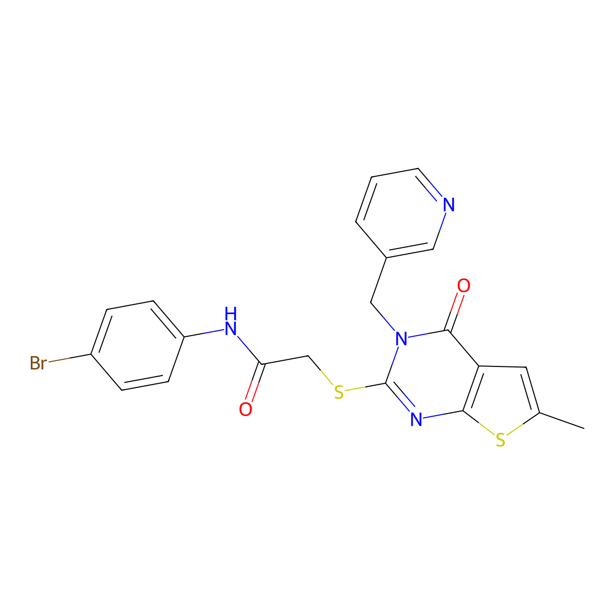 N-(4-bromophenyl)-2-[6-methyl-4-oxo-3-(pyridin-3-ylmethyl)thieno[2,3-d]pyrimidin-2-yl]sulfanylacetamide molecular structure, CAS 588711-91-5