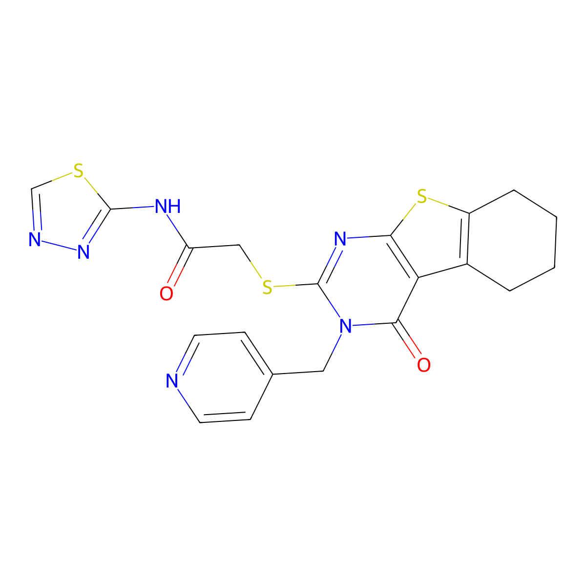 2-[[4-oxo-3-(pyridin-4-ylmethyl)-5,6,7,8-tetrahydro-[1]benzothiolo[2,3-d]pyrimidin-2-yl]sulfanyl]-N-(1,3,4-thiadiazol-2-yl)acetamide molecular structure, CAS 588711-98-2