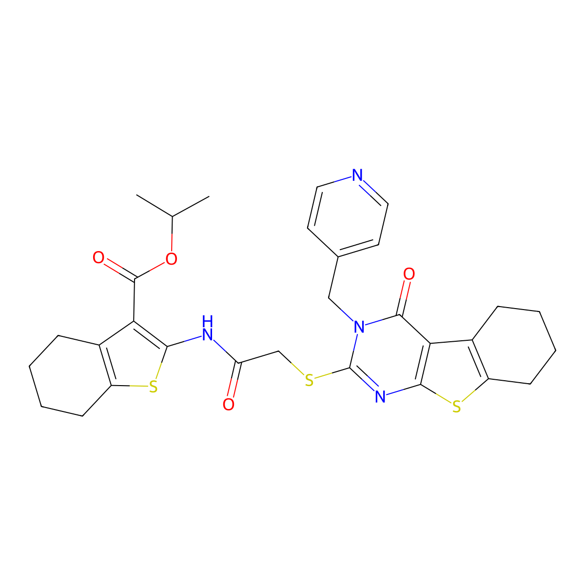Propan-2-yl 2-[({[4-oxo-3-(pyridin-4-ylmethyl)-3,4,5,6,7,8-hexahydro[1]benzothieno[2,3-d]pyrimidin-2-yl]sulfanyl}acetyl)amino]-4,5,6,7-tetrahydro-1-benzothiophene-3-carboxylate molecular structure, CAS 588712-01-0