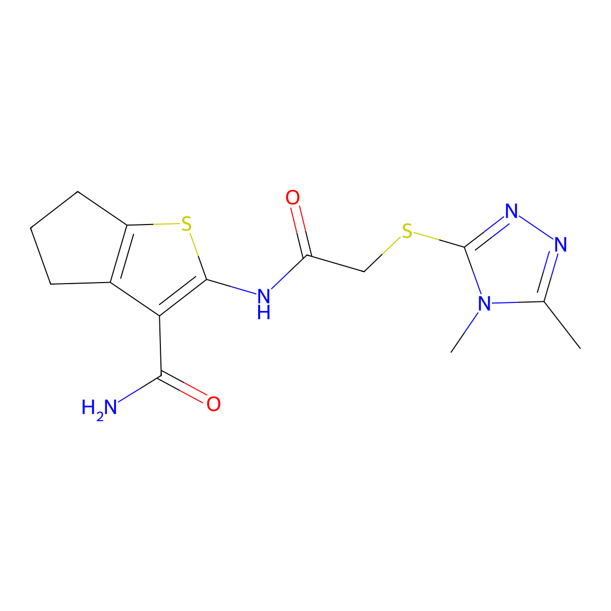 2-[[2-[(4,5-dimethyl-1,2,4-triazol-3-yl)sulfanyl]acetyl]amino]-5,6-dihydro-4H-cyclopenta[b]thiophene-3-carboxamide molecular structure, CAS 588712-07-6