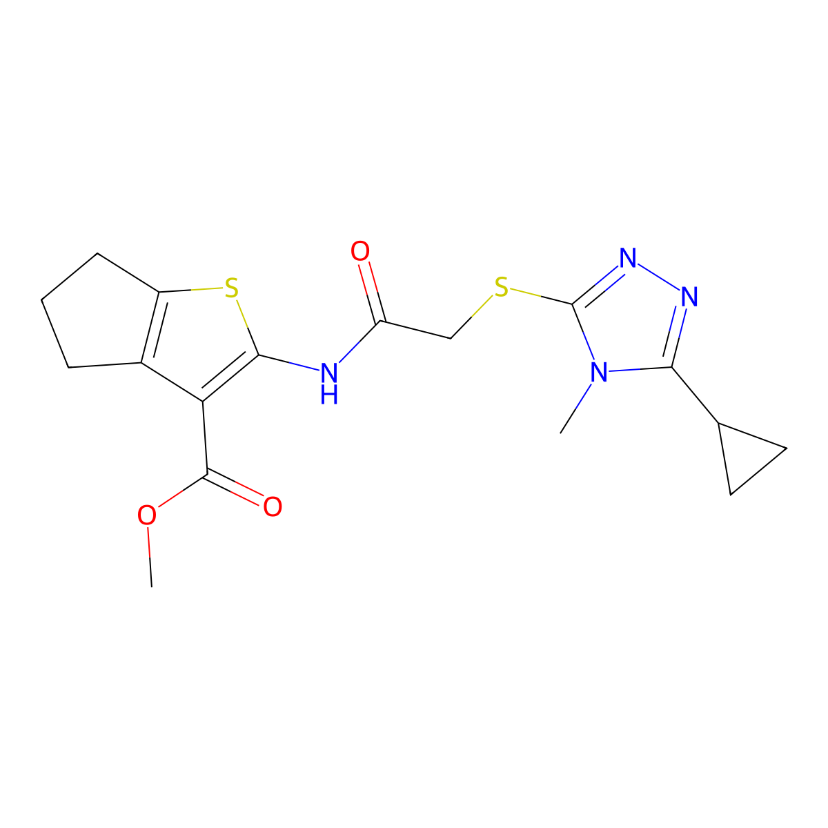 methyl 2-({[(5-cyclopropyl-4-methyl-4H-1,2,4-triazol-3-yl)sulfanyl]acetyl}amino)-5,6-dihydro-4H-cyclopenta[b]thiophene-3-carboxylate molecular structure, CAS 588712-17-8