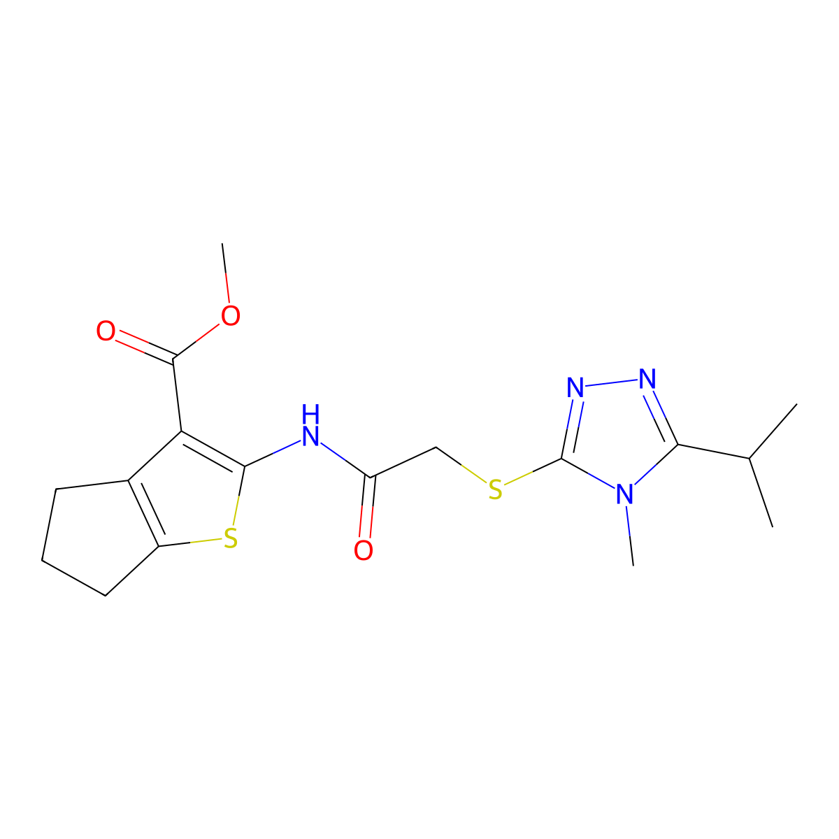 methyl 2-[({[4-methyl-5-(propan-2-yl)-4H-1,2,4-triazol-3-yl]sulfanyl}acetyl)amino]-5,6-dihydro-4H-cyclopenta[b]thiophene-3-carboxylate molecular structure, CAS 588712-24-7