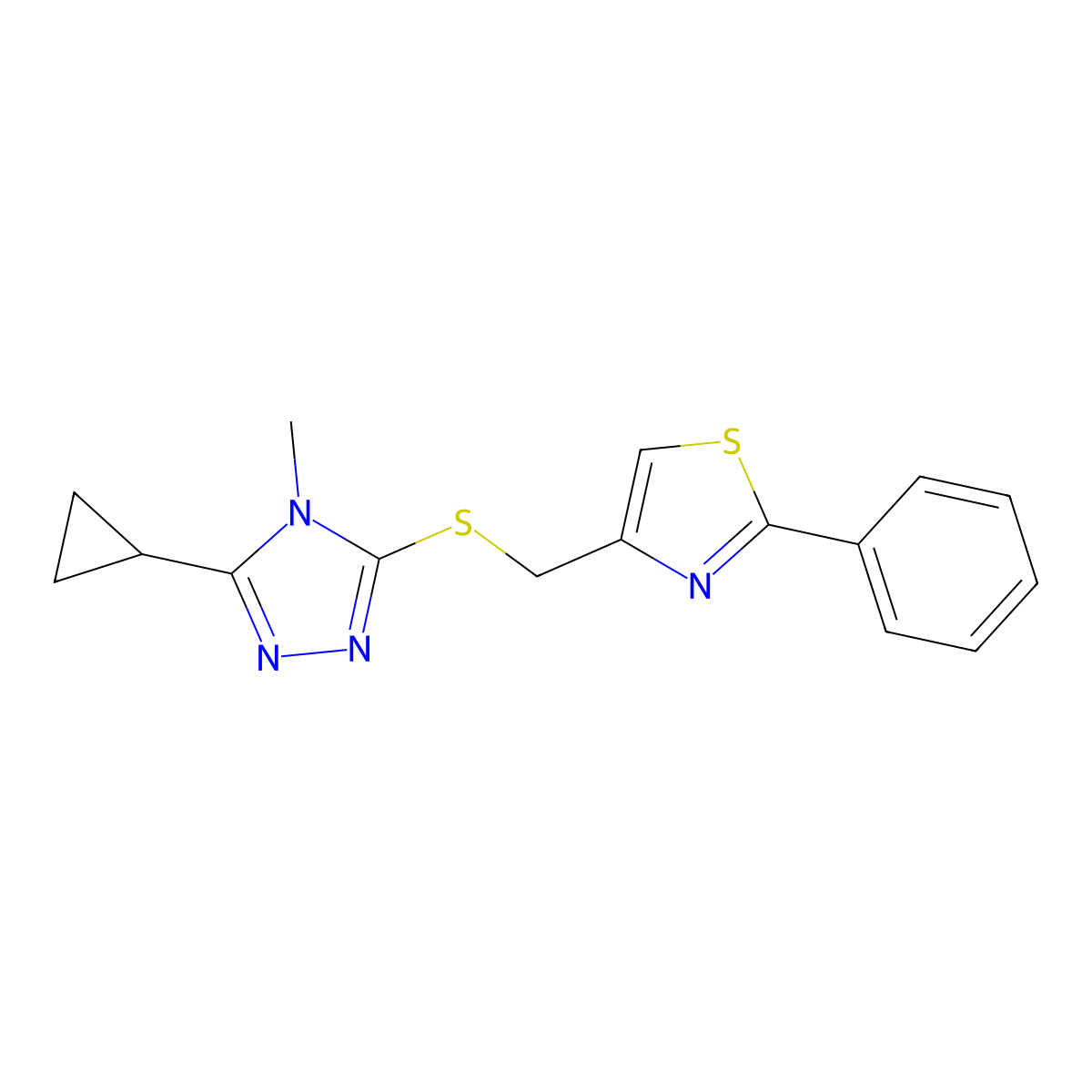 4-[(5-Cyclopropyl-4-methyl-1,2,4-triazol-3-yl)sulfanylmethyl]-2-phenyl-1,3-thiazole molecular structure, CAS 588712-29-2
