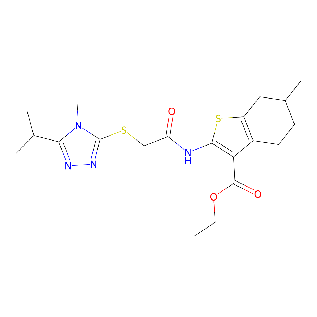 ethyl 6-methyl-2-[({[4-methyl-5-(propan-2-yl)-4H-1,2,4-triazol-3-yl]sulfanyl}acetyl)amino]-4,5,6,7-tetrahydro-1-benzothiophene-3-carboxylate molecular structure, CAS 588712-35-0