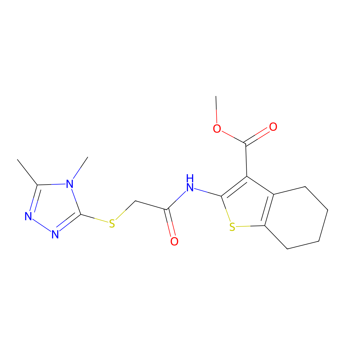 methyl 2-({[(4,5-dimethyl-4H-1,2,4-triazol-3-yl)sulfanyl]acetyl}amino)-4,5,6,7-tetrahydro-1-benzothiophene-3-carboxylate molecular structure, CAS 588712-37-2
