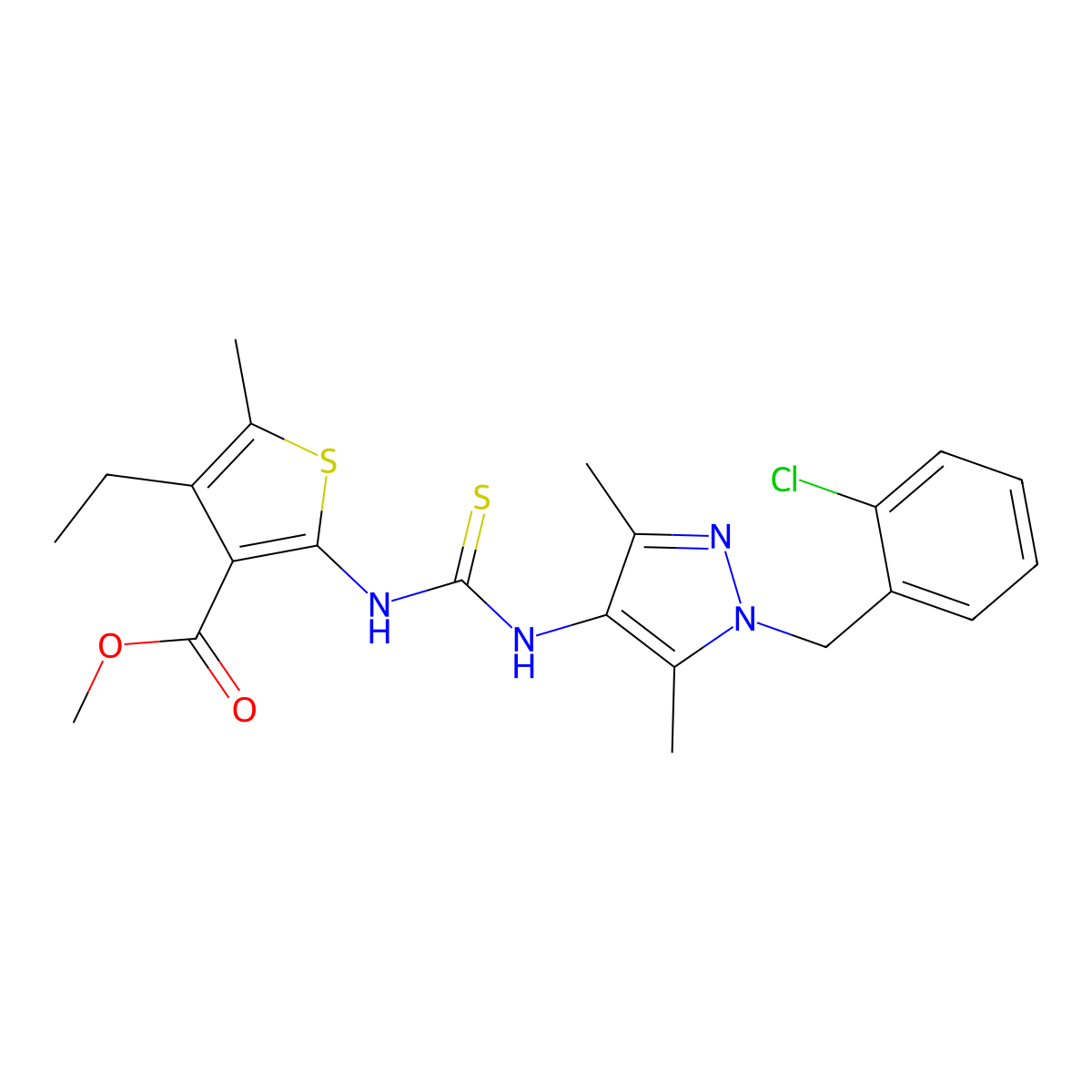 methyl 2-({[1-(2-chlorobenzyl)-3,5-dimethyl-1H-pyrazol-4-yl]carbamothioyl}amino)-4-ethyl-5-methylthiophene-3-carboxylate molecular structure, CAS 588712-43-0