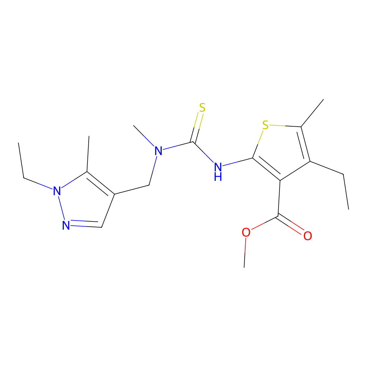methyl 4-ethyl-2-({[(1-ethyl-5-methyl-1H-pyrazol-4-yl)methyl](methyl)carbamothioyl}amino)-5-methylthiophene-3-carboxylate molecular structure, CAS 588712-46-3
