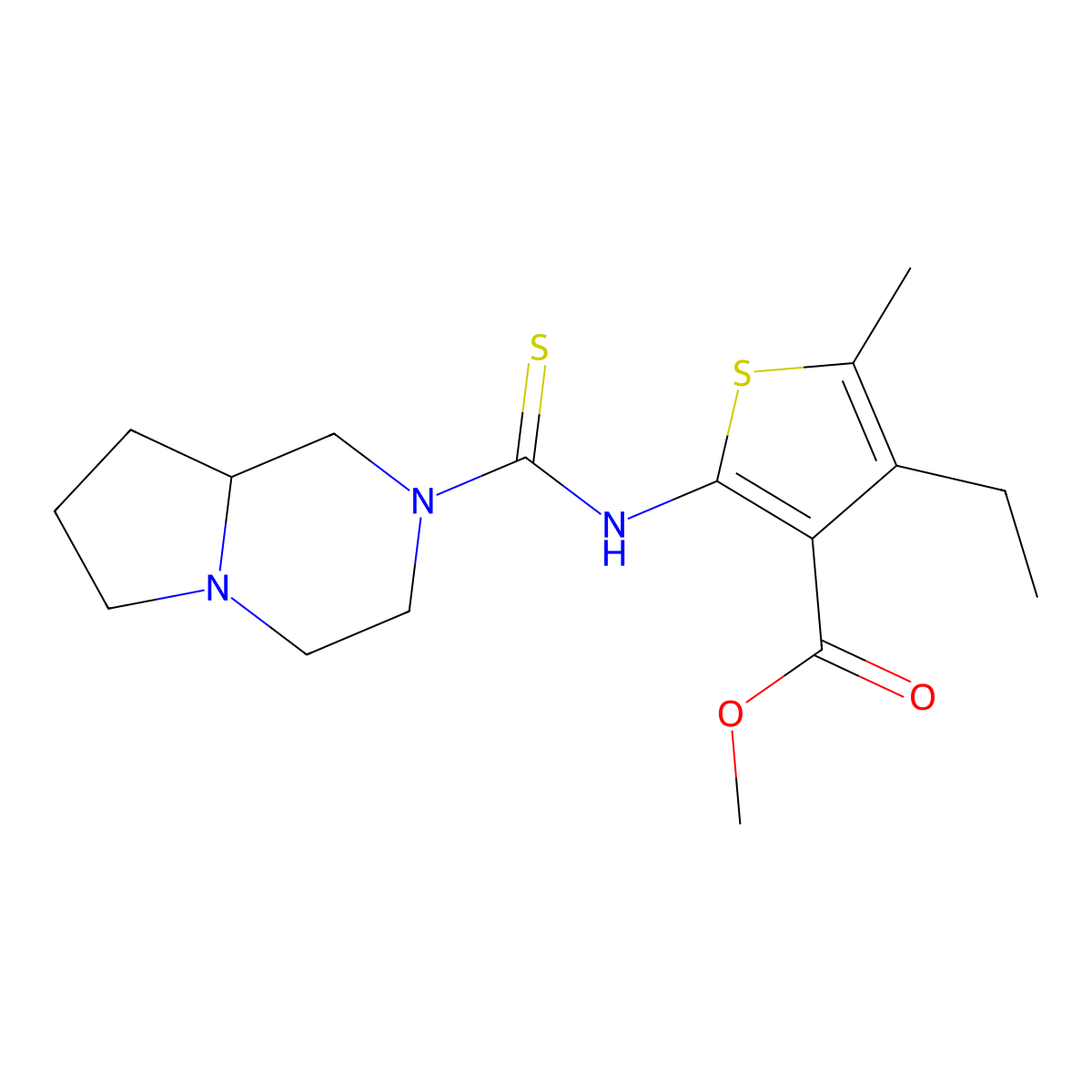 methyl 4-ethyl-2-[(hexahydropyrrolo[1,2-a]pyrazin-2(1H)-ylcarbonothioyl)amino]-5-methylthiophene-3-carboxylate molecular structure, CAS 588712-48-5