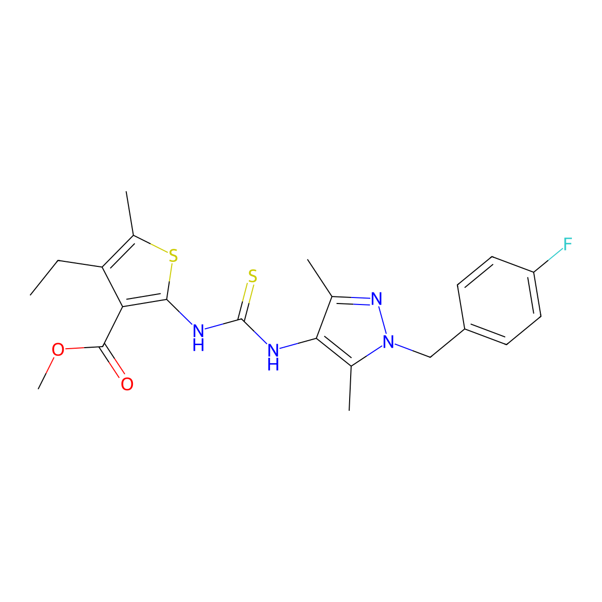 Methyl 4-ethyl-2-{[({1-[(4-fluorophenyl)methyl]-3,5-dimethylpyrazol-4-yl}amino)thioxomethyl]amino}-5-methylthiophene-3-carboxylate molecular structure, CAS 588712-51-0
