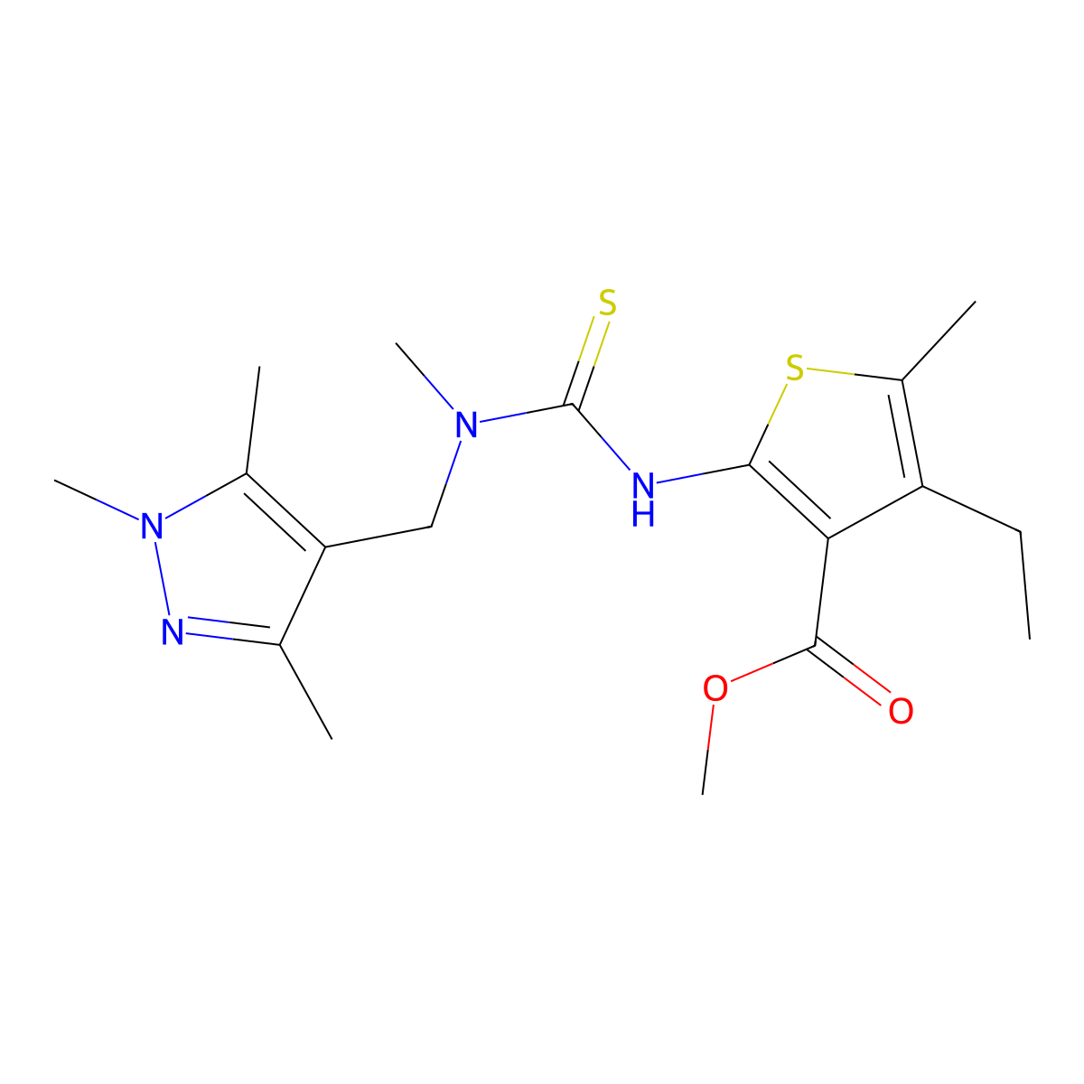 Methyl 4-ethyl-5-methyl-2-[({methyl[(1,3,5-trimethylpyrazol-4-yl)methyl]amino} thioxomethyl)amino]thiophene-3-carboxylate molecular structure, CAS 588712-52-1