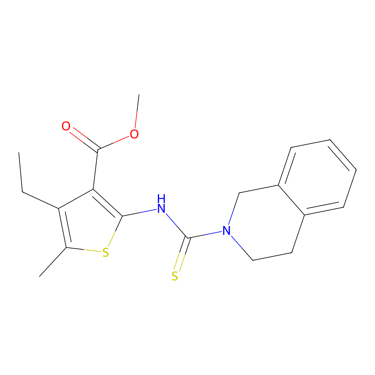 methyl 2-[(3,4-dihydroisoquinolin-2(1H)-ylcarbonothioyl)amino]-4-ethyl-5-methylthiophene-3-carboxylate molecular structure, CAS 588712-57-6