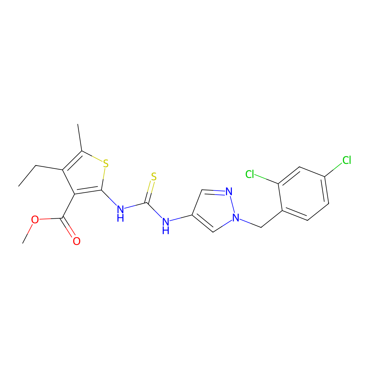 methyl 2-({[1-(2,4-dichlorobenzyl)-1H-pyrazol-4-yl]carbamothioyl}amino)-4-ethyl-5-methylthiophene-3-carboxylate molecular structure, CAS 588712-63-4