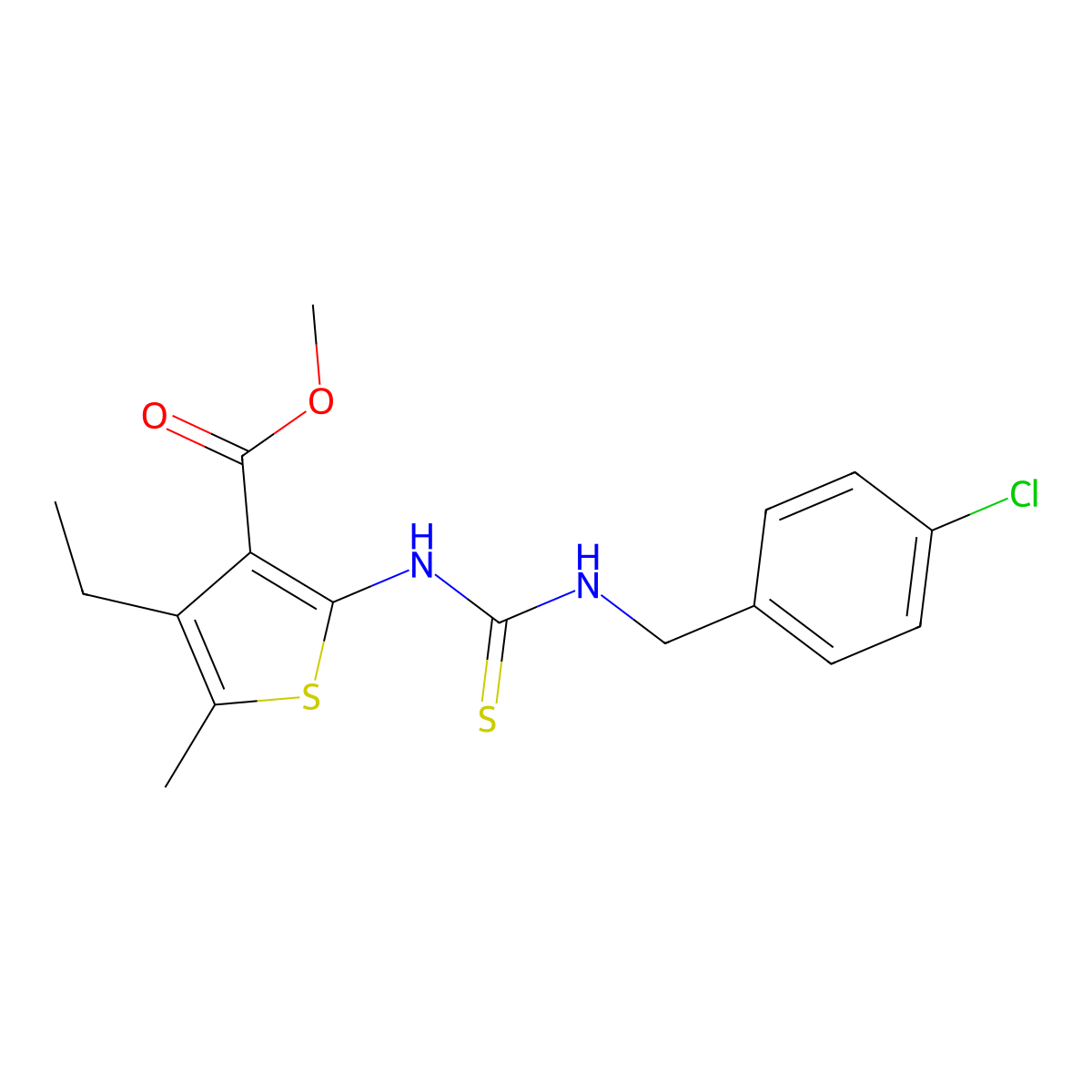 Methyl 2-{[(4-chlorobenzyl)carbamothioyl]amino}-4-ethyl-5-methylthiophene-3-carboxylate molecular structure, CAS 588712-70-3