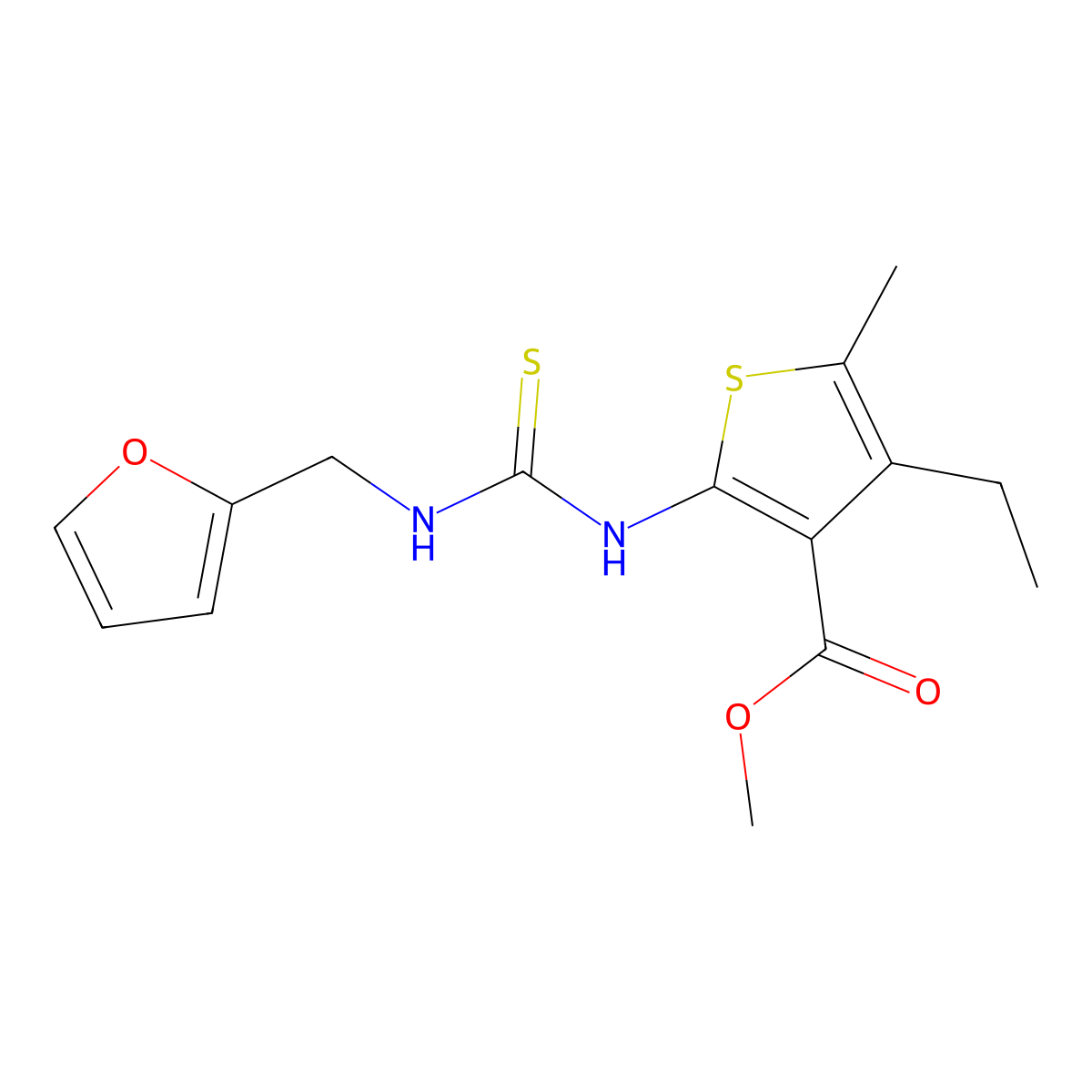 Methyl 4-ethyl-2-{[(furan-2-ylmethyl)carbamothioyl]amino}-5-methylthiophene-3-carboxylate molecular structure, CAS 588712-72-5