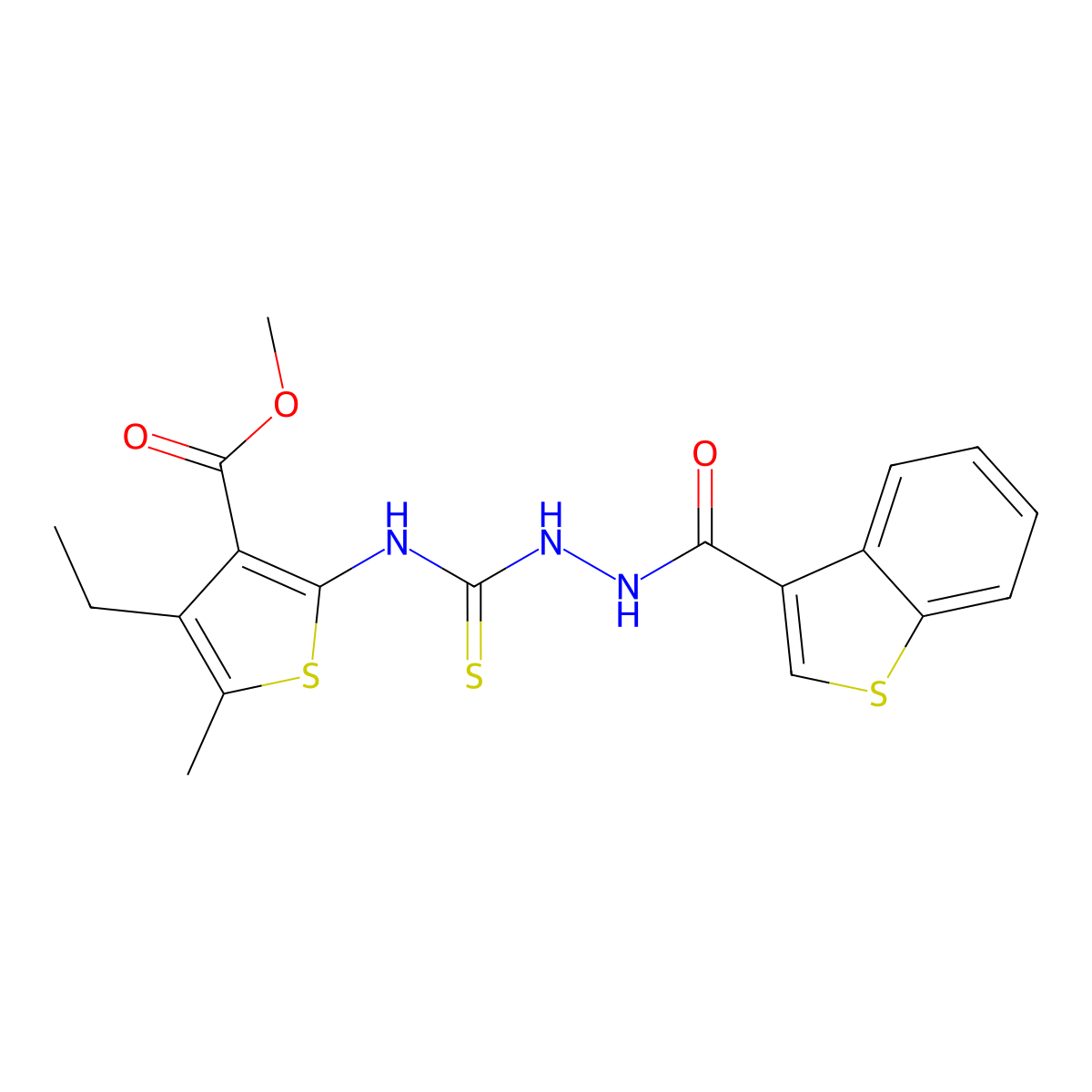 Benzo[b]thiophene-3-carboxylic acid, 2-[[[4-ethyl-3-(methoxycarbonyl)-5-methyl-2-thienyl]amino]thioxomethyl]hydrazide (9CI) molecular structure, CAS 588712-88-3