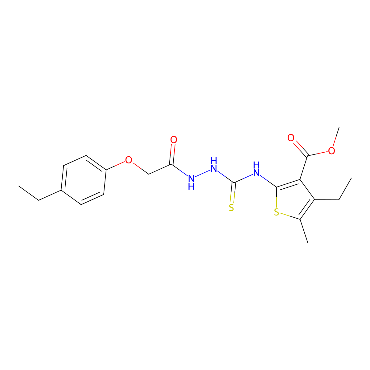 Methyl 4-ethyl-2-[({2-[(4-ethylphenoxy)acetyl]hydrazinyl}carbonothioyl)amino]-5-methylthiophene-3-carboxylate molecular structure, CAS 588713-02-4