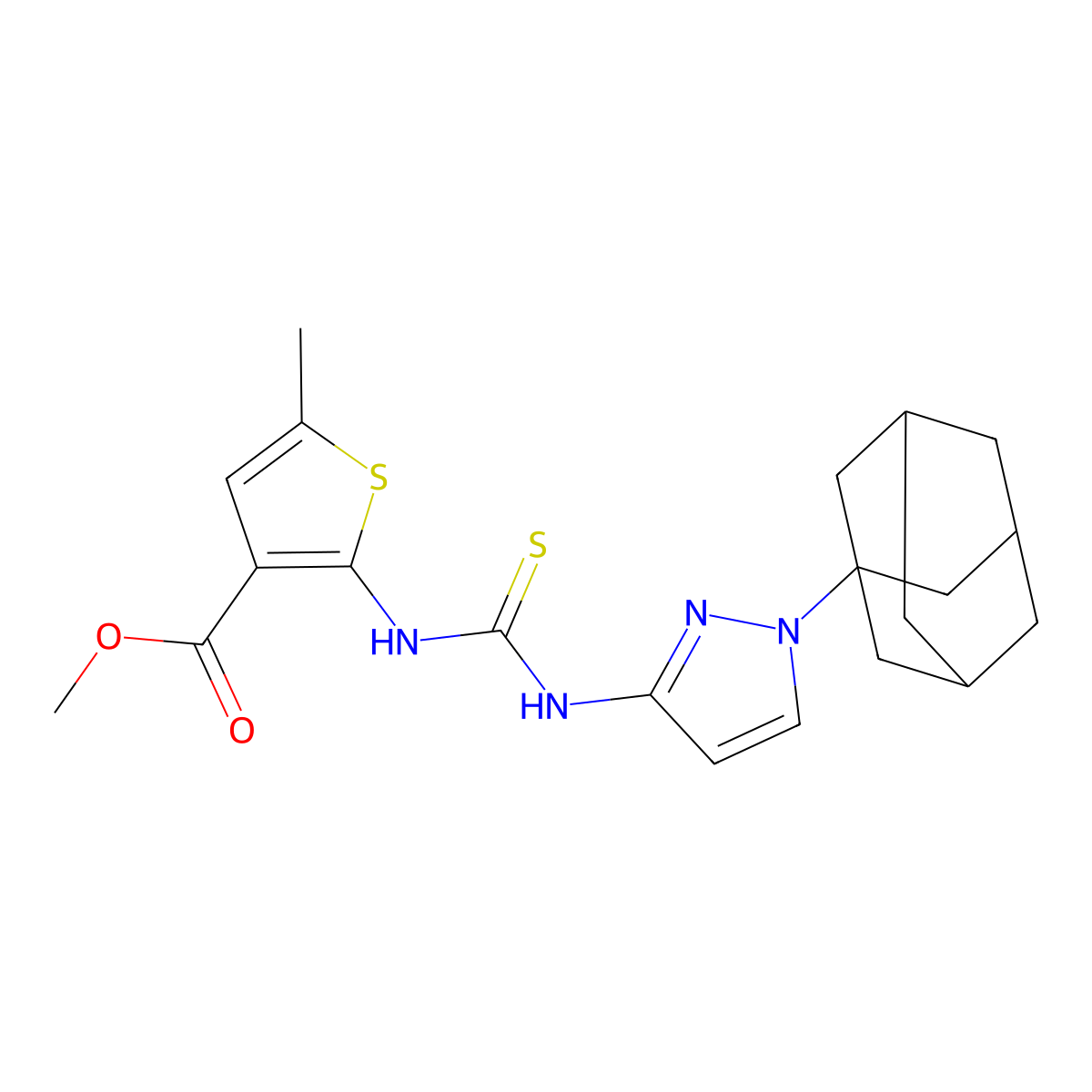 Methyl 2-[[1-(1-adamantyl)pyrazol-3-yl]carbamothioylamino]-5-methylthiophene-3-carboxylate molecular structure, CAS 588713-29-5