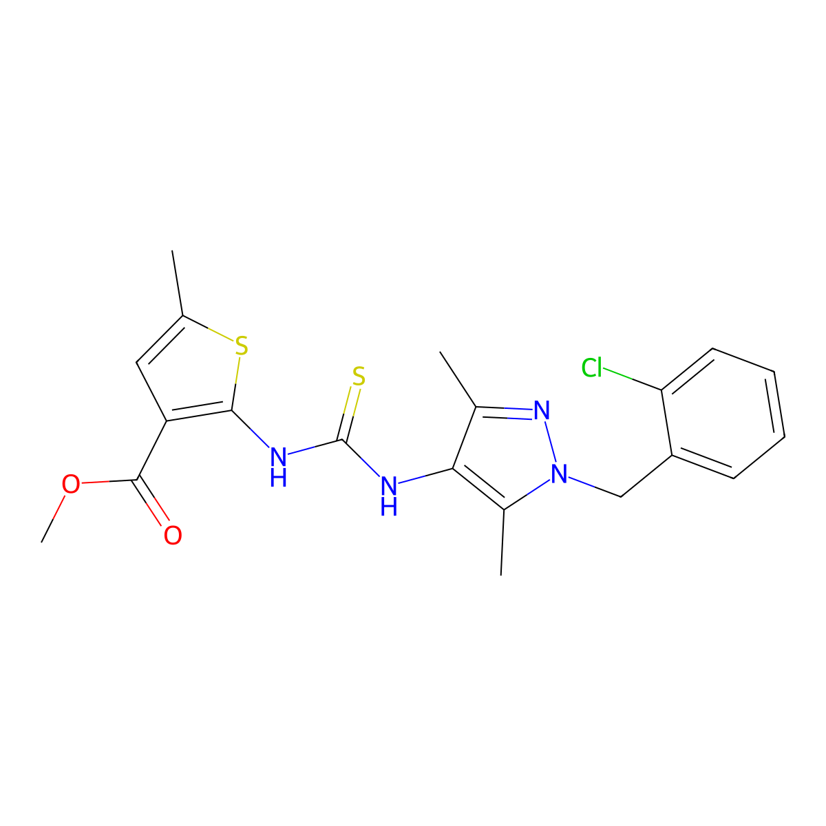 methyl 2-({[1-(2-chlorobenzyl)-3,5-dimethyl-1H-pyrazol-4-yl]carbamothioyl}amino)-5-methylthiophene-3-carboxylate molecular structure, CAS 588713-70-6
