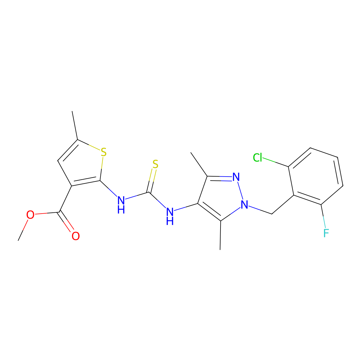methyl 2-({[1-(2-chloro-6-fluorobenzyl)-3,5-dimethyl-1H-pyrazol-4-yl]carbamothioyl}amino)-5-methylthiophene-3-carboxylate molecular structure, CAS 588713-79-5