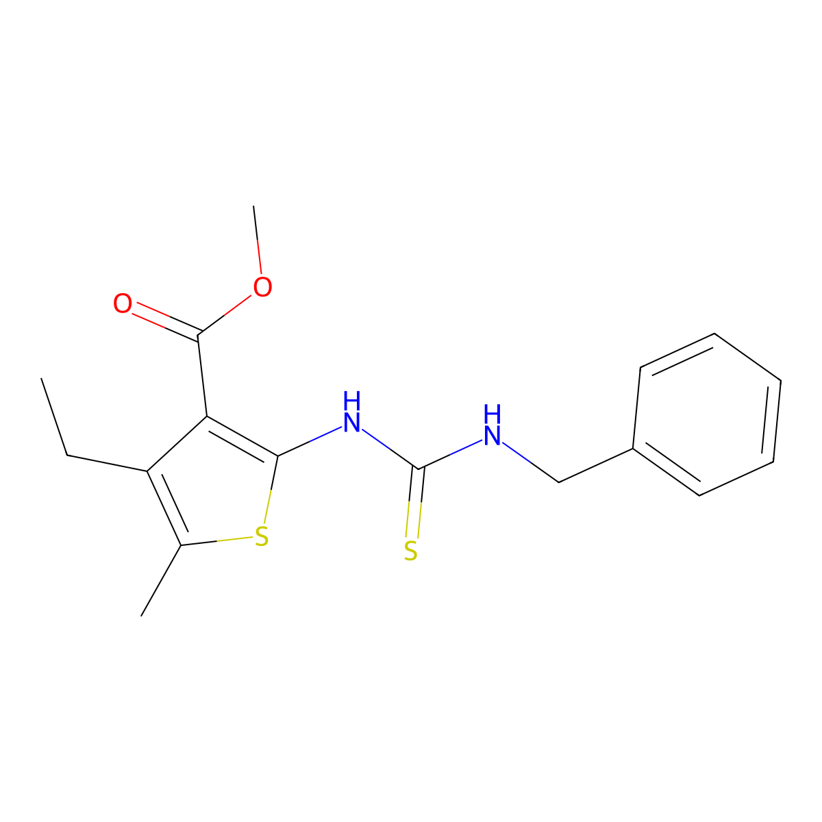 Methyl 2-[(benzylcarbamothioyl)amino]-4-ethyl-5-methylthiophene-3-carboxylate molecular structure, CAS 588714-41-4