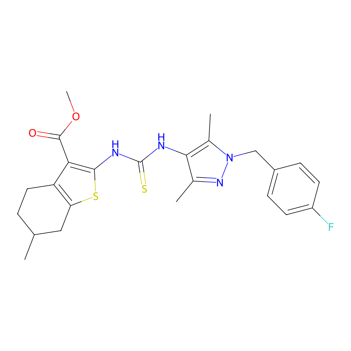 methyl 2-({[1-(4-fluorobenzyl)-3,5-dimethyl-1H-pyrazol-4-yl]carbamothioyl}amino)-6-methyl-4,5,6,7-tetrahydro-1-benzothiophene-3-carboxylate molecular structure, CAS 588714-70-9