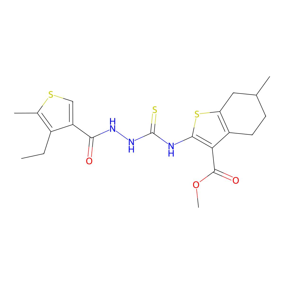 Methyl 2-[({2-[(4-ethyl-5-methylthiophen-3-yl)carbonyl]hydrazinyl}carbonothioyl)amino]-6-methyl-4,5,6,7-tetrahydro-1-benzothiophene-3-carboxylate molecular structure, CAS 588714-73-2