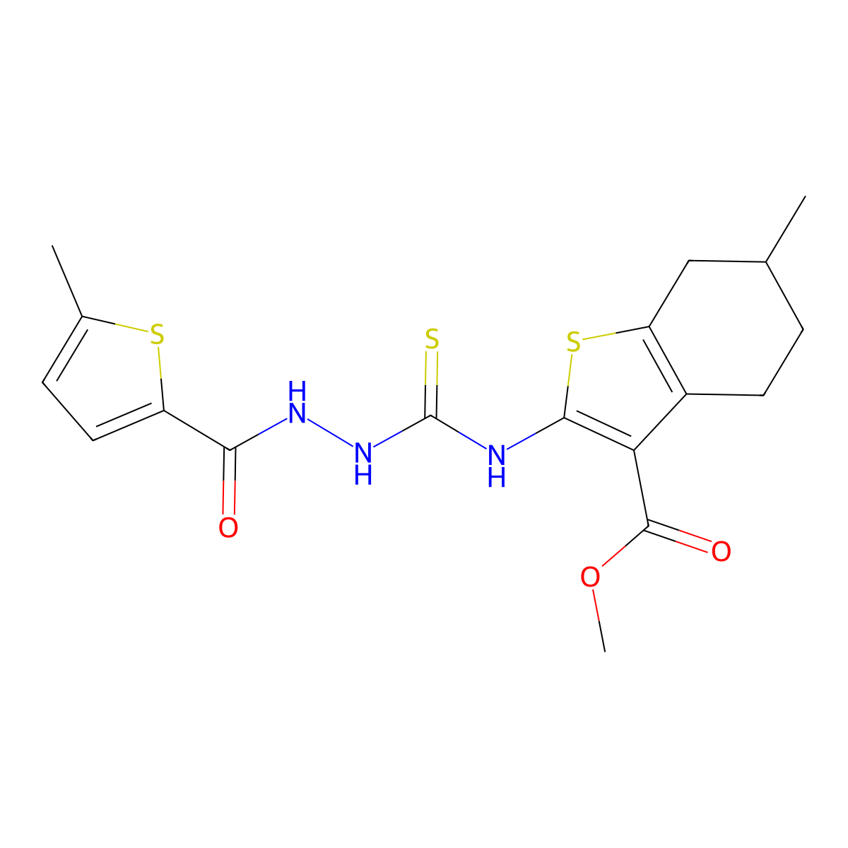 Methyl 6-methyl-2-[({2-[(5-methylthiophen-2-yl)carbonyl]hydrazinyl}carbonothioyl)amino]-4,5,6,7-tetrahydro-1-benzothiophene-3-carboxylate molecular structure, CAS 588714-80-1