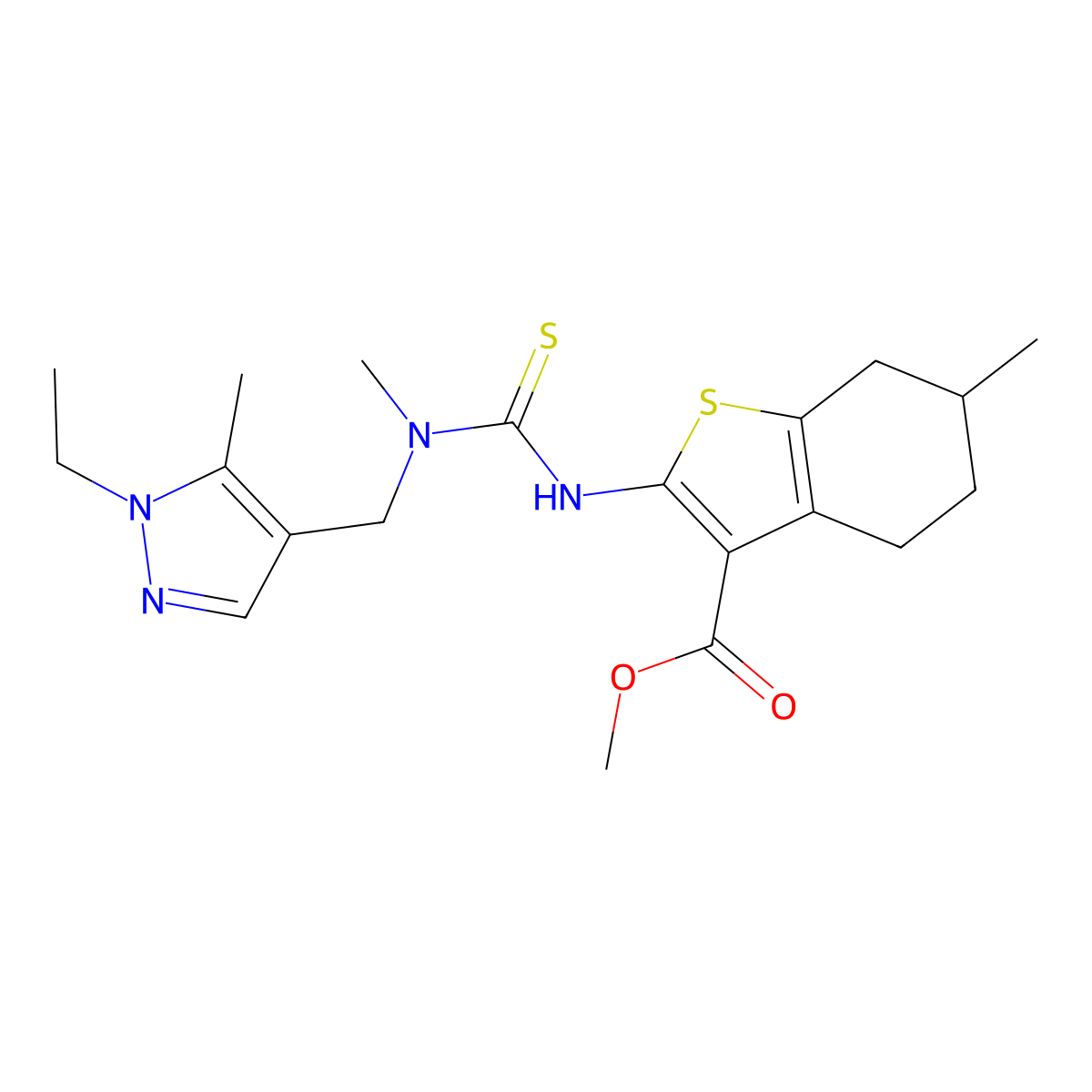 methyl 2-({[(1-ethyl-5-methyl-1H-pyrazol-4-yl)methyl](methyl)carbamothioyl}amino)-6-methyl-4,5,6,7-tetrahydro-1-benzothiophene-3-carboxylate molecular structure, CAS 588714-89-0