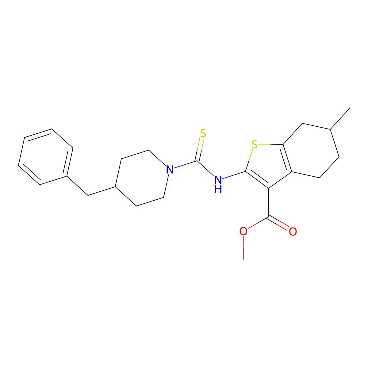 Methyl 2-{[(4-benzylpiperidin-1-yl)carbonothioyl]amino}-6-methyl-4,5,6,7-tetrahydro-1-benzothiophene-3-carboxylate molecular structure, CAS 588715-05-3