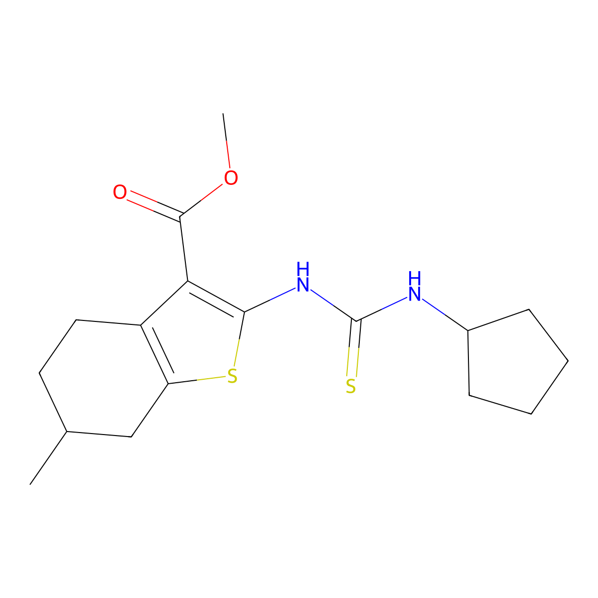 Methyl 2-[(cyclopentylcarbamothioyl)amino]-6-methyl-4,5,6,7-tetrahydro-1-benzothiophene-3-carboxylate molecular structure, CAS 588715-10-0