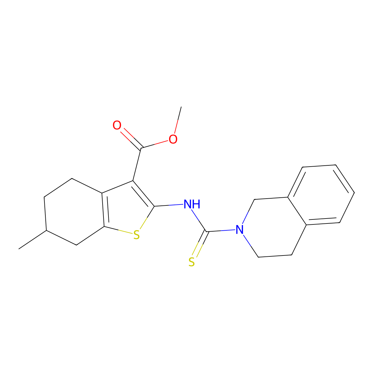 methyl 2-[(3,4-dihydroisoquinolin-2(1H)-ylcarbonothioyl)amino]-6-methyl-4,5,6,7-tetrahydro-1-benzothiophene-3-carboxylate molecular structure, CAS 588715-12-2