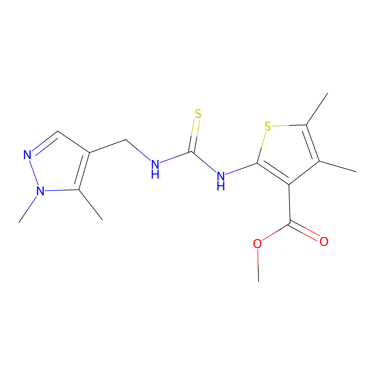 methyl 2-({[(1,5-dimethyl-1H-pyrazol-4-yl)methyl]carbamothioyl}amino)-4,5-dimethylthiophene-3-carboxylate molecular structure, CAS 588715-32-6