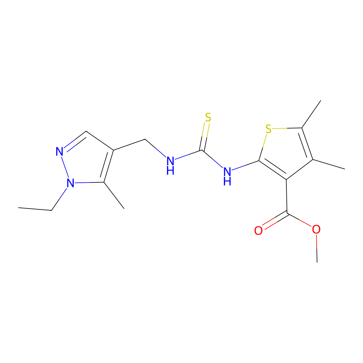 methyl 2-({[(1-ethyl-5-methyl-1H-pyrazol-4-yl)methyl]carbamothioyl}amino)-4,5-dimethylthiophene-3-carboxylate molecular structure, CAS 588715-33-7